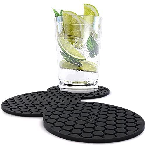 Glogex Black Silicone Drink Coaster Set of 8, Prevents Furniture and Tabletop Damages, Absorbs Spills and Condensation