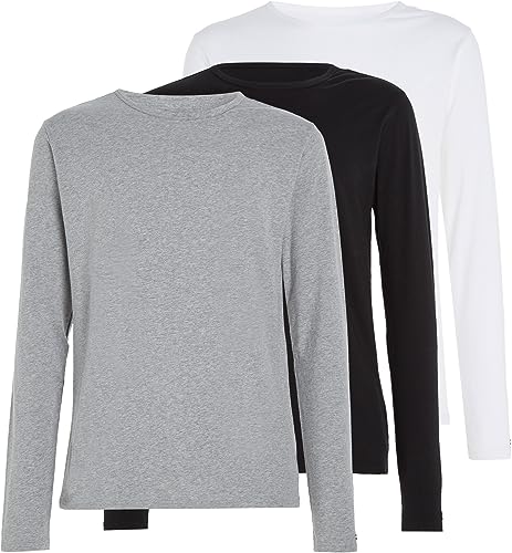 Tommy Hilfiger Hombre Pack de 3 Camiseta de manga largas Basic, Multicolor (Black/White/Grey Heather), S