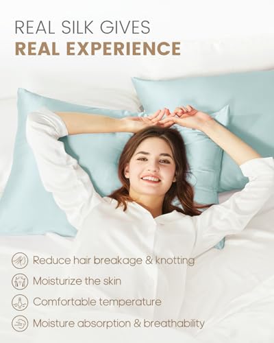 THXSILK Set of 2 100% Mulberry Silk Pillowcase for Hair and Skin Health, Soft Breathable and Smooth Pillowcases with Hidden Zipper, Both Sides Premium Grade 6A+ Silk, Standard 20"x26", Light Blue