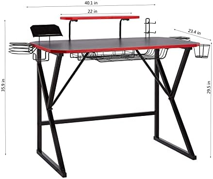 Amazon Basics Gaming Computer Desk with Storage for Controller, Headphone and Speaker, Red
