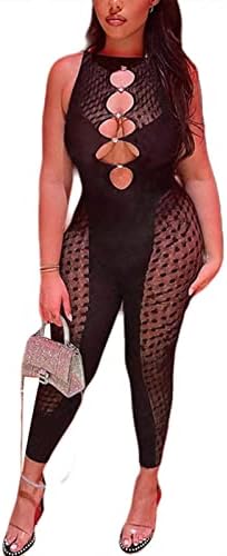 LovelyWholesale Women's Sexy Mesh Hollow Out Bodycon Jumpsuits Sleeveless Rompers Party Clubwear Black Small