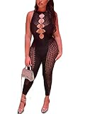 LovelyWholesale Women's Sexy Mesh Hollow Out Bodycon Jumpsuits Sleeveless Rompers Party Clubwear Bla
