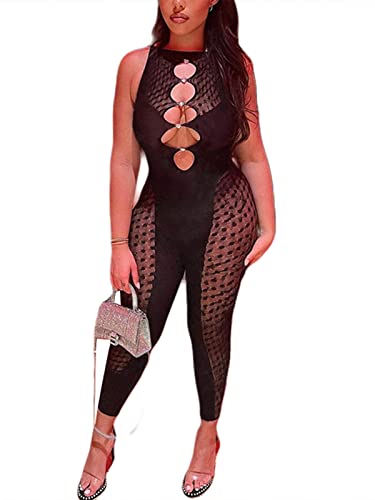 Lovelywholesale Women's Sexy Mesh Hollow Out Bodycon Jumpsuits Sleeveless Rompers Party Clubwear Black Small #TOP3