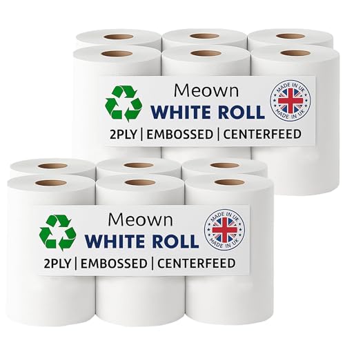 Meown White Roll, Pack of 12 Rolls Premium Centrefeed Rolls, Durable & Versatile 2-Ply Tissue, Ultimate Cleaning Solution for Home & Office