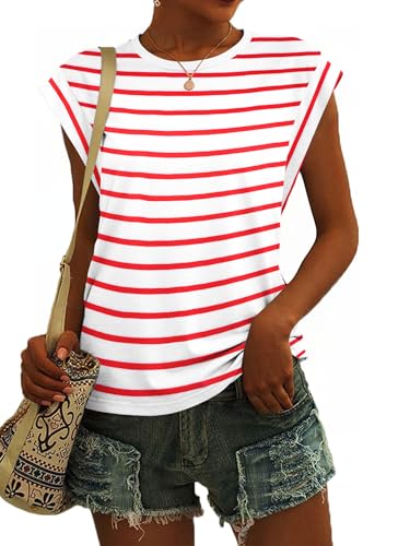 SENBATU Camiseta sin Mangas para Mujer con Cuello Redondo y Camisetas Casuales de Verano para Mujer Rayas Blanco Rojo x-Large XL 46-48