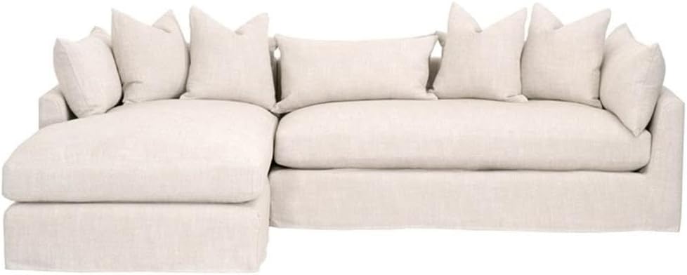 Pemberly Row 110" Left Facing Slipcover Sectional Sofa, Bisque Upholstery, Solid Birch Wood Frame, Includes 4 Square and 6 Rectangle Down Pillows, Transitional Living Room Furniture, 8-Way Hand-Tied