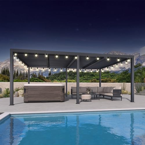 PURPLE LEAF Pergola Bioclimática con guirnalda luminosa exterior, 6 x 3,68 m, Pergola aluminio, hojas orientables, superficie 22,08 m², cenador de jardín, gris
