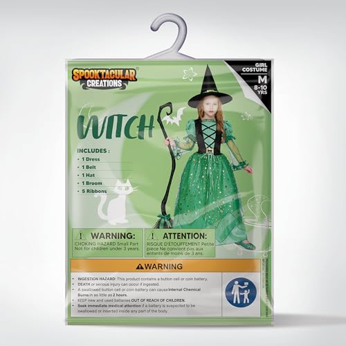 Spooktacular Creations Girls Witch Costume, Light Up Witch Costume Kids, Green Starry Witch Dress With Broom Belt Hat For Girls Halloween Party Role Play-S thumb #5