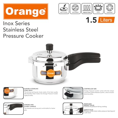 Image of Orange Inox Series Cute Small Stainless Steel Outer Lid Pressure Cooker With Sturdy Handle 1.5L | Induction Friendly | Deep Lid for Spillage Control | 2.5mm Base Thickness | 5Year Warranty | Silver