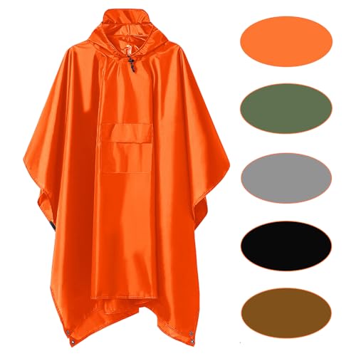 Hooded Rain Poncho with Pocket Waterproof Lightweight Unisex Raincoat Fishing Hiking-Black/Grey/Orange/Green/Brown