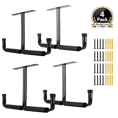 4 Set Overhead Garage Storage Rack Hooks, Heavy Duty Ceiling Double Hooks Hanger for Hanging Ladder Hose Pipe Lumber & Other Bulky Items (Pack of 4 - Black)