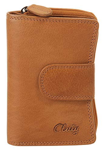 Cluty Geldbörse im Querformat Echt Leder Damen Portemonnaie mit RFID-Schutz, Brieftasche für Damen, Geldbeutel mit Münzfach, Kartenetui aus Leder Cognac 020353