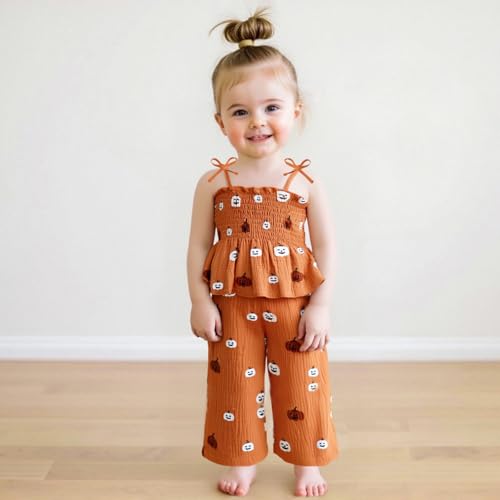 Toddler Baby Girl Halloween Outfits 2 Pcs Set Pumpkin Smocked Tie-up Spaghetti Camisole And Linen Pants2