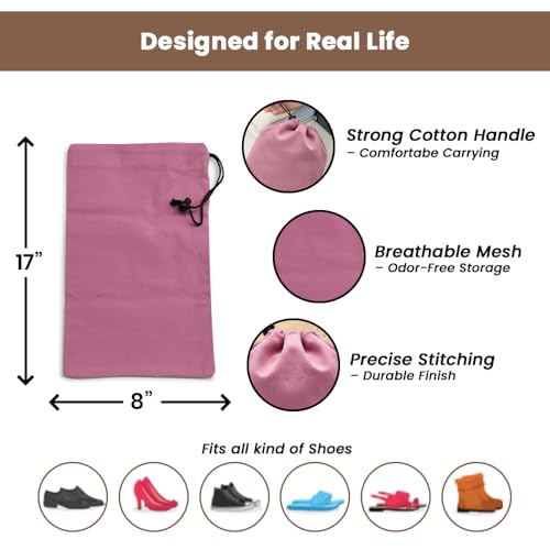 Image of LFH Cotton Rich Shoe Storage Bags with Drawstring, Dustproof Breathable Reusable Organizer, Perfect For Travel, Dorm, Hotel, College, Gym, Machine Washable 8 inchx17 inch (Pack of 6) - Pink