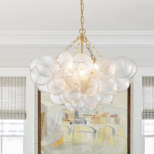 SM Saint Mossi 24 Bubble Ball Chandelier for Dining Room Nordic Modern Dining Room Lighting Fixture 5-Light Large Globe Pendant Light Clear Glass Ball with Gold Frame Living Room Entryway