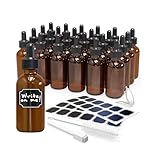 Nevlers 2 Oz Amber Glass Dropper Bottle 24 Pack | Glass Tincture Bottles with Dropper Set with Label Stickers, Funnel, Brush & Marker | Refillable 2oz Bottles with Droppers for Oil, Medicine, Serums