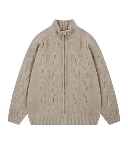 Cable Knit Zip Up Cardigan Turtleneck Sweaters Unisex Open Front Zipper Oversized Sweater