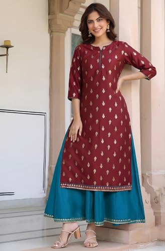 Image of Janasya Women's Silk Blend Foil Printed Anarkali Ethnic Dress with Inner