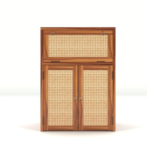 Image of PS DECOR Solid Sheesham Wood Battery Cabinet with Cane Doors | Wooden Inverter Battery Storage Cabinet | Handcrafted UPS Battery Stand with Rattan Panels
