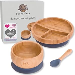 Bubba Bear ® Baby Bamboo Suction Bowl, Plate & Spoon Set | Stay Put Toddler Led Feeding Bowls & Plates | Free Guide to Weaning