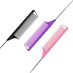 Rat Tail Combs Set: 3Pcs Long Steel Pin Teasing Combs for Salon Hair Stylists, Metal Parting Combs for Women (Purple, Black, Pink) - Image 3