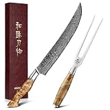 HEZHEN-10'' Carving Knife Set Carving Fork Set 2PCS, Damascus Steel Knife 430 Stainless Steel Meat F