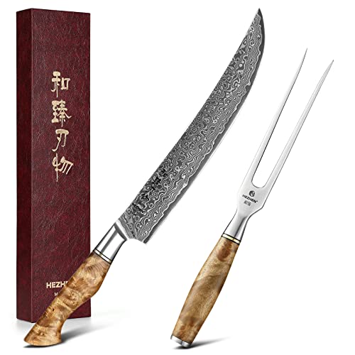 Hezhen-10'' Carving Knife Set Carving Fork Set 2Pcs, Damascus Steel Knife 430 Stainless Steel Meat Fork, Meat Slicing Bbq Outdoor Tools, Figuted Sycamore Wood Handle #TOP6