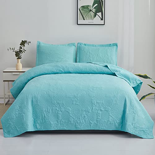 Oliven Turquoise Quilts Full/Queen Size Lightweight Microfiber Bedspraed Solid Color Quilt Set Ultra Soft Breathable Coverlet Floral Pattern Bedding With 2 Pillow Shams #TOP6