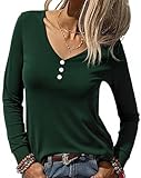 Camiseta Básica Mujer Manga Larga Ajustada Top Elegante con Cuello en V y Botones Camisetas Casual Elástica Lisa Cómodo para Uso Diarion Casual Elástica Elegante de Punto