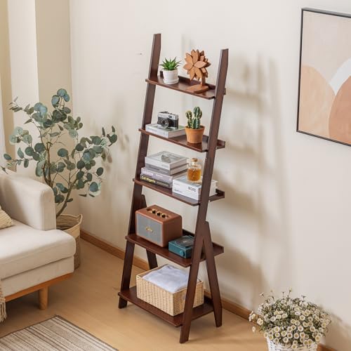 Maydear-Bamboo-Ladder-Shelf-Bookcase-5-Tier-Leaning-Bookshelf-Free-Standing-Organizer-Storage-Shelves-for-Living-Room-Bedroom-Kitchen-Home-Office-Balcony-Dark-Walnut
