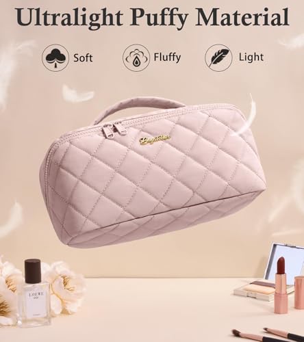 Image of Travel Makeup Bag, Large Capacity Puffy Toiletry & Cosmetic Bag for Women | 3 PCS Open Flat Quilted Makeup Cosmetic Organizer, Waterproof w /Clear Divider Portable Pouch for Skincare Travel Essentials