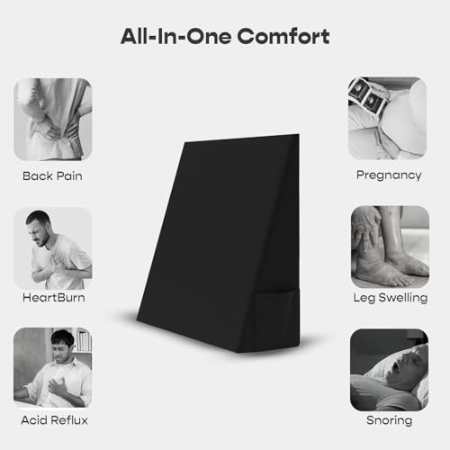 Image of SleepyCat Wedge Pillow | Back Leg Elevation Support | High-Density Memory Foam | Acid Reflux Snoring Relief | Dual Side Pockets | Washable Cover | Recovery Comfort Support | Black