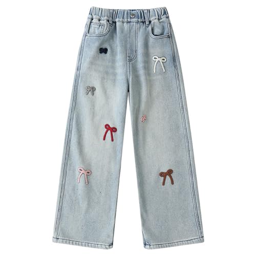 Jeans fille à jambe droite et nœud brodé pantalon en denim extensible de 5 à 16 ans