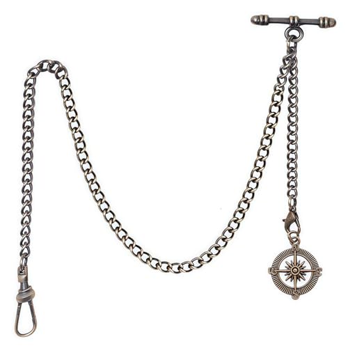 DerMacht Pocket Watch Chain Double Albert Chain T-Bar Watch Chain with Compass Rudder Pendant Bronze