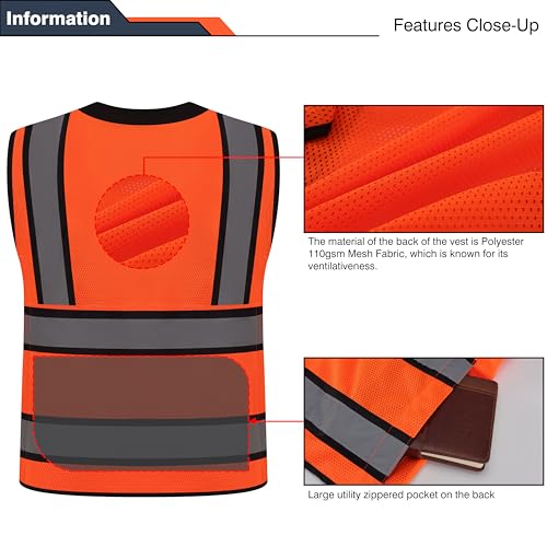 Image of Gasoline Class 2 High Visibility Reflective Safety Vests Women & Men | With 15 Pockets And Zipper Front,Meets Ansi /Isea Standards