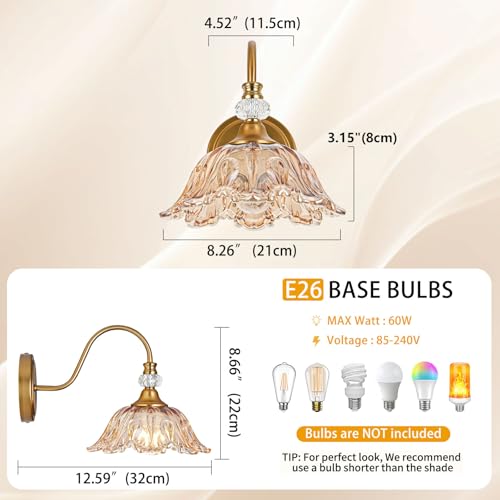 Image of 1 Piece Vintage Wall Sconce with Floral Amber Glass Shade, Matte Brass Finish Wall Sconce for Bathroom,Vintage Bathroom Vanity Light Fixture