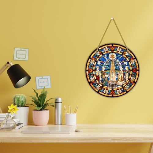 Image of Printality Stained Glass Style Christian Wall Hanging | Round MDF Plaque with Glossy Finish & Golden Zardosi String | Religious Wall Art | Jesus, Mary & Angels Design | Faith Home Decor (Design 4)