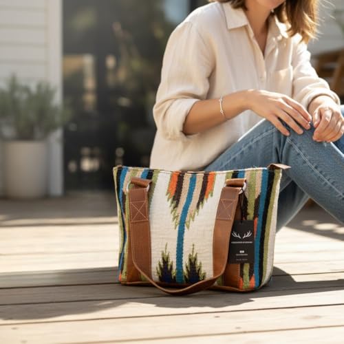 Bolso tote boho occidental de cuero y lana tejida miniatura 2