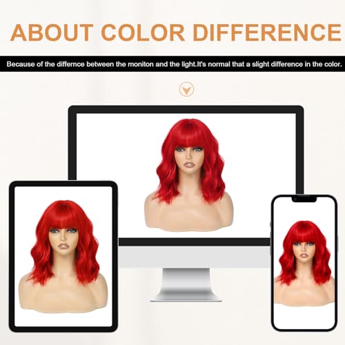 Image of AGO Red Wigs Short Wavy Hair with Bangs Curly Bob Wig Shoulder Length 14Inch Synthetic Hair for Women Girl Colorful Wig Heat Resistant Fiber Hair for Daily Party Halloween Cosplay Use(116A#DarkRed)