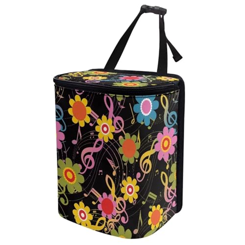 Image of Hippie Flower Music Note Car Trash Can with Lid,Leak Proof Garbage Can Hippie Flower Car Interior Accessory Zipper Protable Vehicle Rubbish Bag for Back Seat