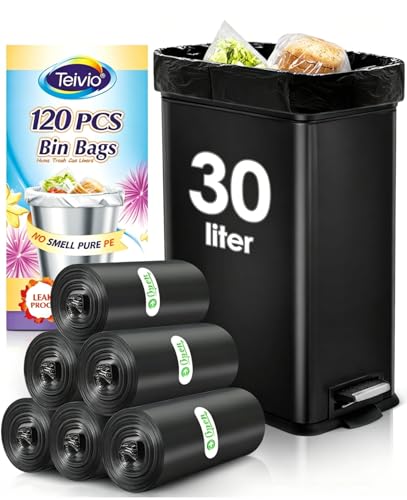 30 Liter 120 Counts Strong Trash Bags Garbage Bags by Teivio Bathroom Trash Can Bin Liners Medium Plastic Bags for home office kitchen Black
