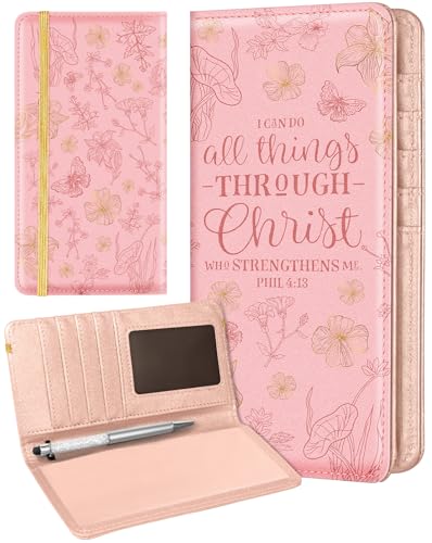 Slohif Checkbook Cover for Personal - Pink Flower Floral Leather Register Duplicate Check Protector Holder Book Wallet for Women Top Stub Side Tear