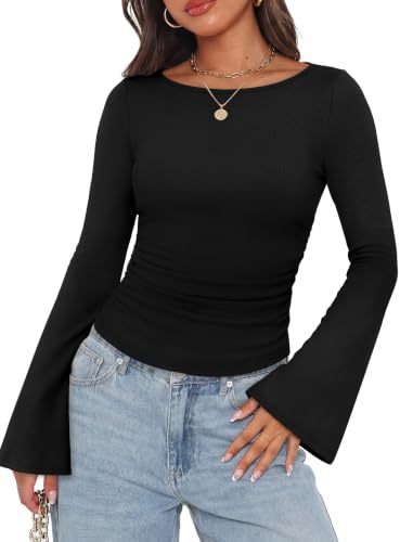 WIHOLL Bell Sleeve Tops for Women Boat Neck Trendy Cute Black Shirts L