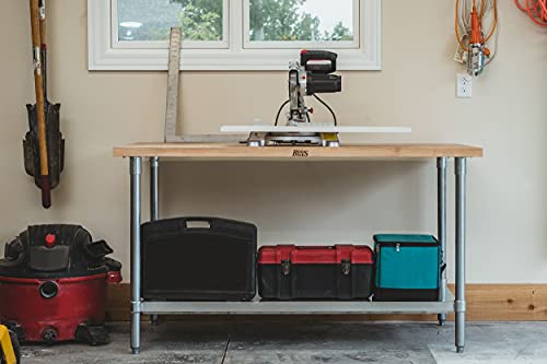 John Boos Jns10 Maple Top Work Table With Galvanized Steel Base And Adjustable Galvanized Lower Shelf, 60" Long X 30" Wide X 1-1/2" Thick #TOP2