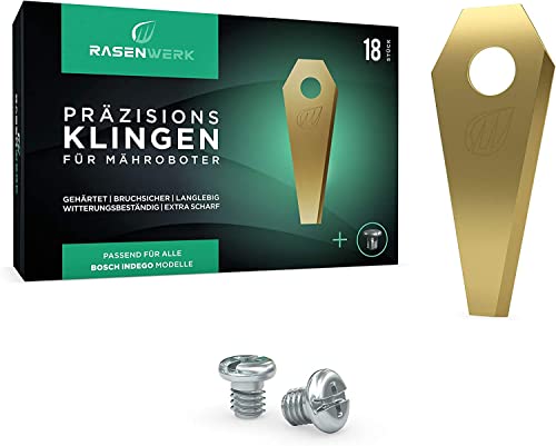 RASENWERK® - Hochwertige Mähroboter Messer mit passenden Schrauben - Universal Ersatzklingen Ersatzmesser für Bosch Indego - Titancarbid legierte Klingen - Rasenroboter Messerset - 18 Stk Cover
