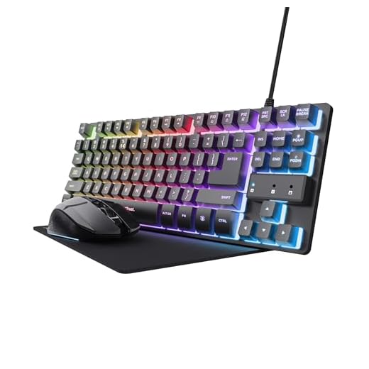 Trust GXT 1794 Set Gaming Tastatur QWERTZ DE Layout mit Funkmaus und Mauspad, 3-in-1 LED Gaming Paket, Wiederaufladbare Kabellose Maus 80 Stunden Akkulaufzeit, Kompakte TKL USB Tastatur PC, Schwarz