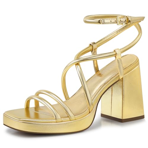 Image of CELLENZ Women Chunky Platform Heels: 3.9 Inch High Heel Prom, Wedding, Party, Square Open Toe Heeled Sandals, Strappy Comfortable Sexy Dressy Heels