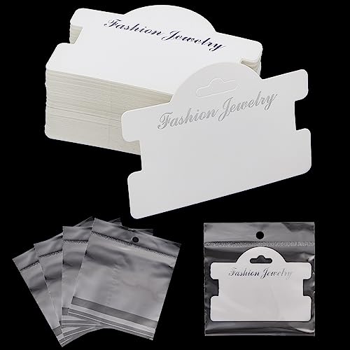 Fulmoon 100 Pcs Bracelet Display Cards 3.94 x 2.83 Inch Hanging Cards with 4.33 x 5.51 Inch Bags for Jewelry(White)