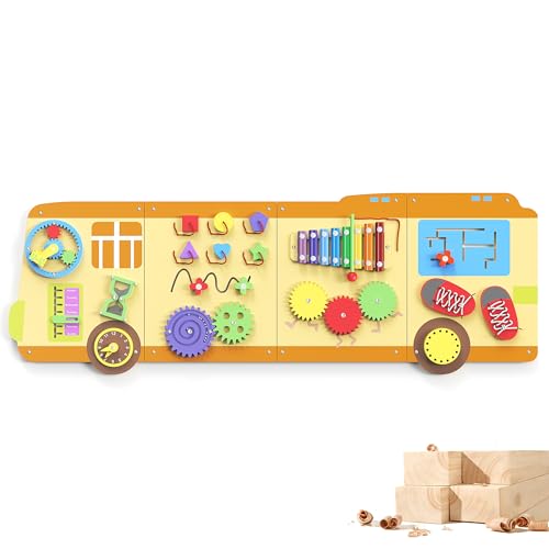 BlueWood Wooden Wall Busy Board Panels, Toddler Learning Activity Center, Montessori Philosophy Sensory, Educational Toys, Conducive to All-Round Development - School Bus