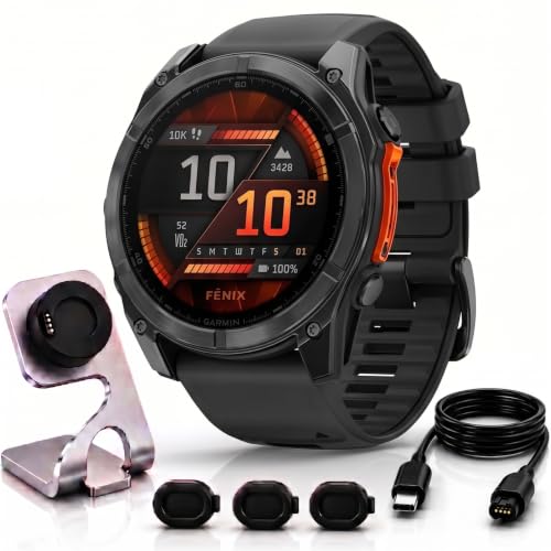 Image of Garmin Fenix 8 51mm AMOLED Multisport GPS Smartwatch, Slate Gray with Black Silicone Band, 010-02905-00 - Bundle w /Deco Essentials Charging Dock, Dust Cover and USB-C Cable